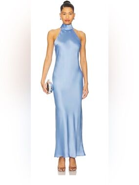 Steve Madden Lara Satin Halter Neck Light Blue Gown L Aurora Blue